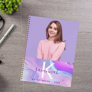 Aangepaste foto holografisch roze paarse monogram notitieboek