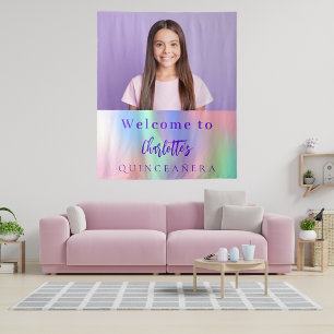 Aangepaste foto holografische Quinceanera feest we Wandkleed