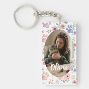 Aangepaste foto huisdier aquarel bloemen & pootafd sleutelhanger