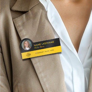 Aangepaste Foto-ID Logo Modern Geel Zwart Medewerk Naamplaatje