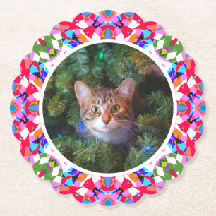 Aangepaste foto Kerstmis Kat Mama Papa Kleurrijk Kartonnen Onderzetters