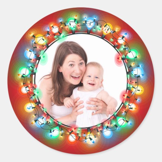 Aangepaste foto Kerstvakantie gloeilampen Ronde Sticker (Voorkant)