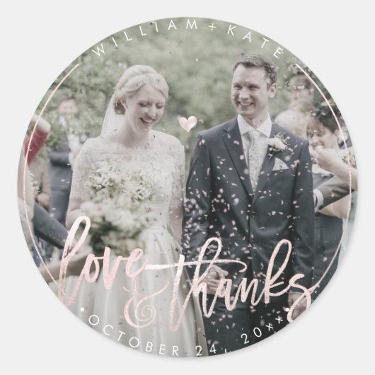 Aangepaste foto Love+Bedankt, Modern Script Blush Ronde Sticker (Voorkant)