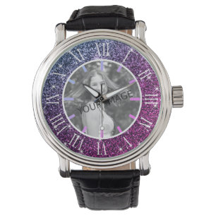 Aangepaste foto Luxe Paarse glam Glitter Stars Horloge