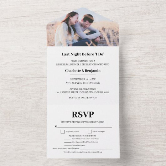 Aangepaste Foto Menu Keuze Repetitie Diner All In One Uitnodiging (Binnen)