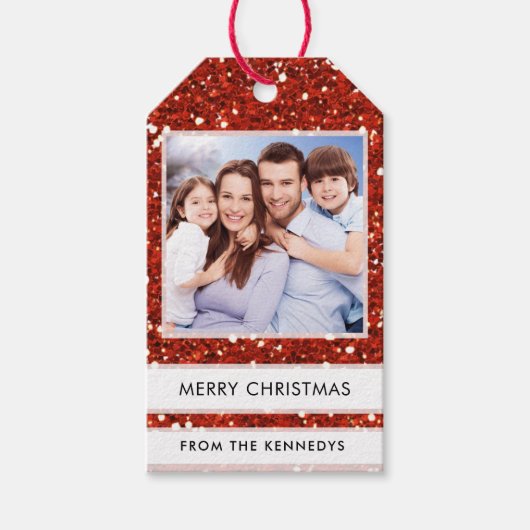 Aangepaste foto Merry Christmas Red Glitter Cadeaulabel (Voorkant)