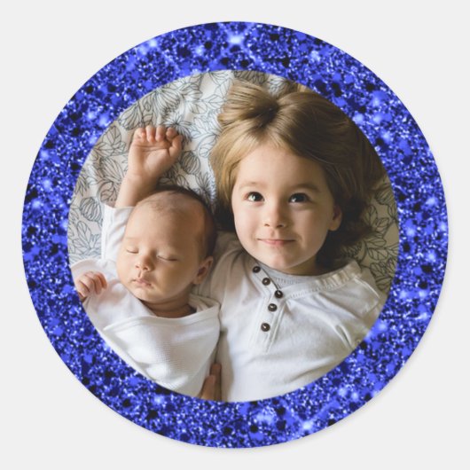 Aangepaste foto met blauw glitter-Lijst Ronde Sticker (Voorkant)