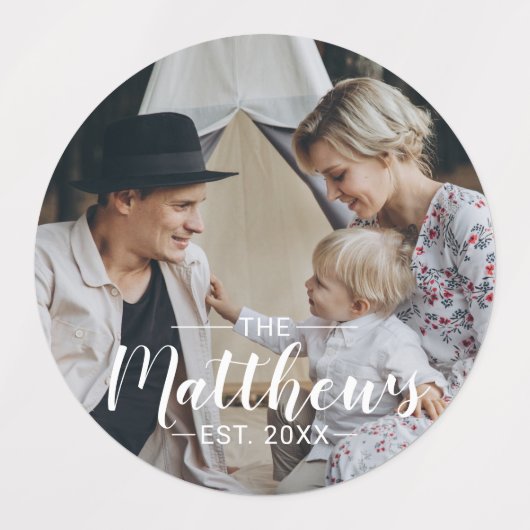 Aangepaste foto met familienaam en vastgesteld jaa labels (Design 1)