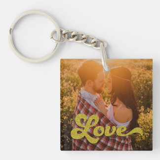 Aangepaste foto met gouden Love-overlay Sleutelhanger