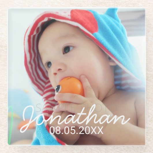 Aangepaste foto met naam en datum glazen onderzetter (Voorkant)