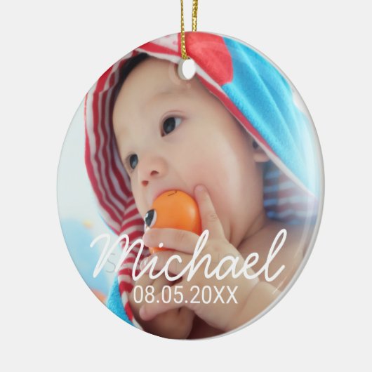 Aangepaste foto met naam en datum keramisch ornament (Links)