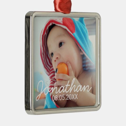 Aangepaste foto met naam en datum metalen ornament (Rechts)