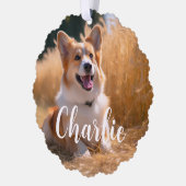 Aangepaste foto met naam ornament kaart (Links)