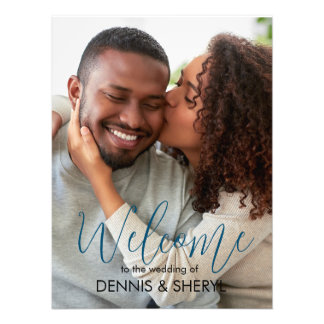 Aangepaste foto moderne trouwkaart blauw afdruk