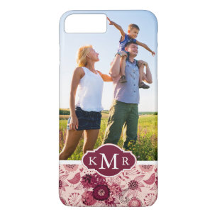 Aangepaste Foto & Monogram Bloempatroon met vogels iPhone 8 Plus / 7 Plus Hoesje