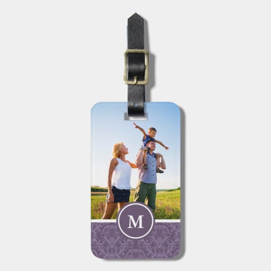 Aangepaste foto & monogram luxe paarse behang bagagelabel (Voorkant verticaal)