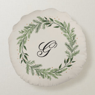 Aangepaste foto Monogram Pine krans Kerstmis Home Rond Kussen
