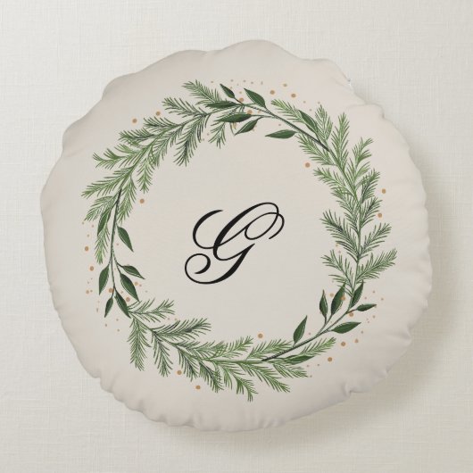 Aangepaste foto Monogram Pine krans Kerstmis Home Rond Kussen (Achterkant)