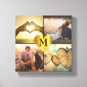 Aangepaste foto montage x4 met hartnaam monogram canvas afdruk
