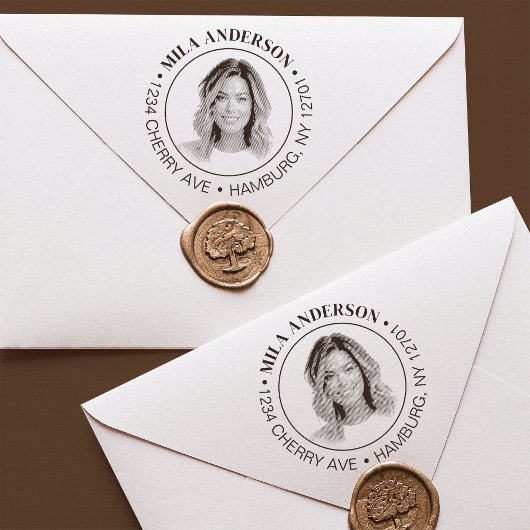 Aangepaste foto, naam en retourhouten adres  	rubberstempel