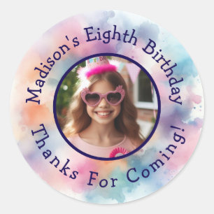 Aangepaste foto naam Waterverf Verjaardag Dank u Ronde Sticker