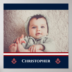Aangepaste foto Nautical Marine Navy Blue Red Whit Poster