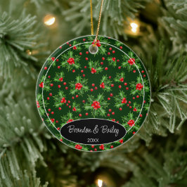 Aangepaste foto op rood bessen Groen Holly Patroon Keramisch Ornament