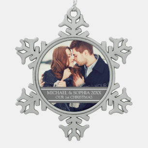 Aangepaste foto-paar eerste kerstversiering tin sneeuwvlok ornament