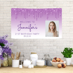 Aangepaste foto Paarse glitter Drip 21e verjaardag Spandoek