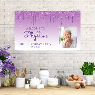 Aangepaste foto Paarse glitter Drip 80th Birthday Spandoek