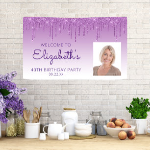 Aangepaste foto paarse glitterspetters 40e verjaar spandoek