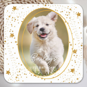 Aangepaste foto Pet Dog Birthday Gold Glitter Star Vierkante Kartonnen Onderzetter