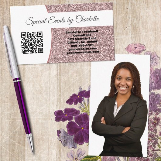 Aangepaste foto Professionele roze Glitter QR-code Visitekaartje