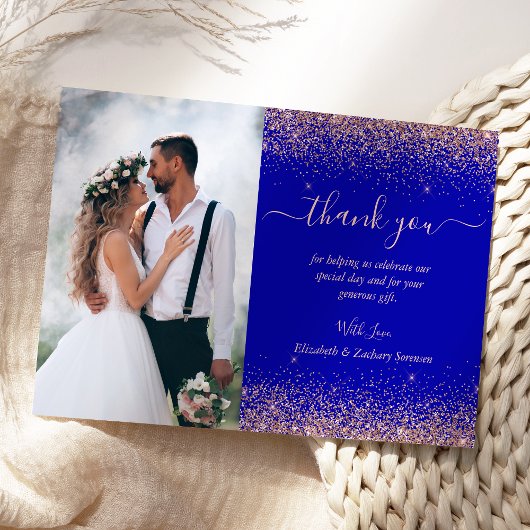 Aangepaste Foto Royal Blue Roos Gold Glitter Weddi Bedankkaart