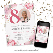 Aangepaste foto Roze Bloemen 80e Verjaardag uitnod