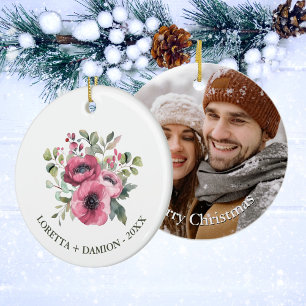 Aangepaste Foto Roze Bloemen Kerstmis Keramisch Ornament