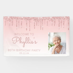 Aangepaste foto roze glitterspatter 80ste verjaard spandoek