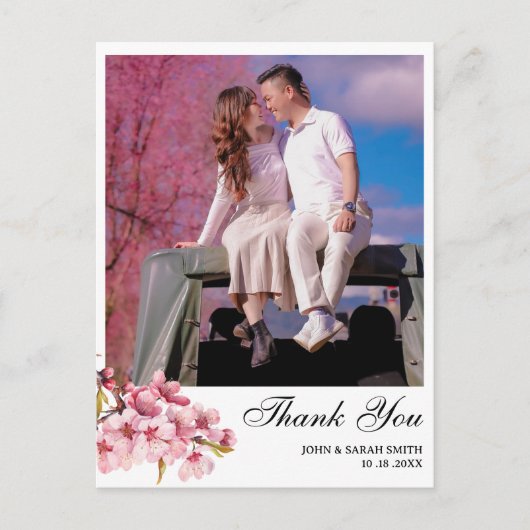 Aangepaste foto roze kersenbloesem trouwbedankje briefkaart (Voorkant)