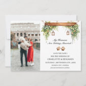 Aangepaste foto rustieke hond save the date (Voorkant)