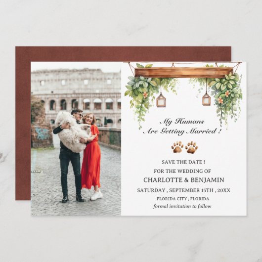 Aangepaste foto rustieke hond save the date (Voorkant / Achterkant)