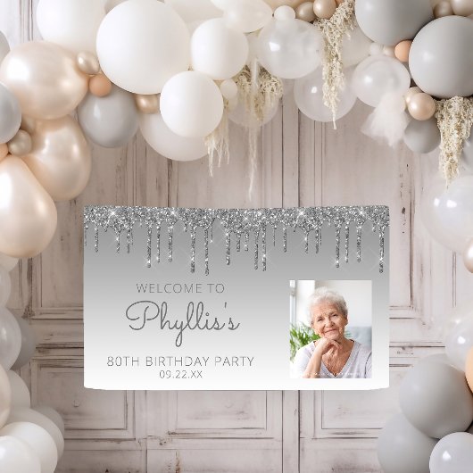 Aangepaste foto Silver Glitter Drip 80th Birthday Spandoek