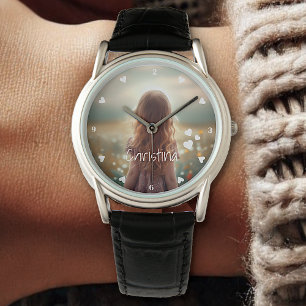 Aangepaste foto sjabloon naam 3 harten schattig ee horloge