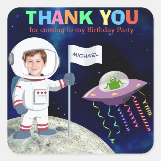 Aangepaste foto Spaceman Birthday Bedankt Vierkante Sticker (Voorkant)