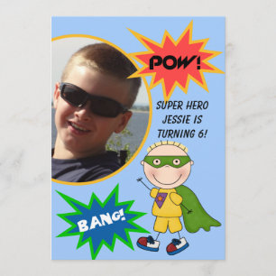 Aangepaste foto Super Hero Blond Boy Birthday Invi Kaart