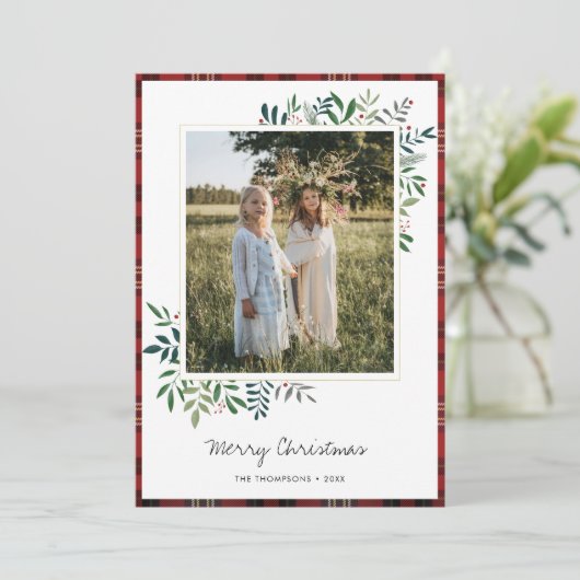 Aangepaste foto Tartan Border Groene bladeren Kers Feestdagenkaart (Staand voorkant)