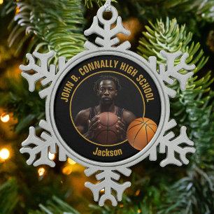 Aangepaste foto van basketballspeler zwart goud tin sneeuwvlok ornament