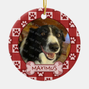 Aangepaste foto van Dog   Red Paw Print Gingham Bo Keramisch Ornament