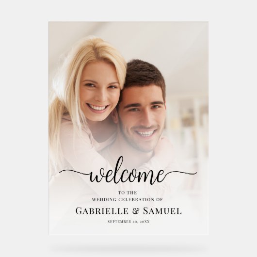 Aangepaste foto van Elegant Weddenschap Welkom Acryl Bord (Voorkant)