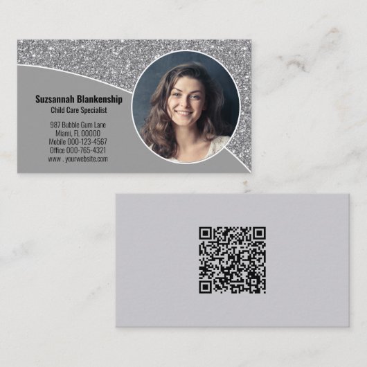 Aangepaste foto van Faux Silver Glitter QR-code op Visitekaartje (Voorkant / Achterkant)