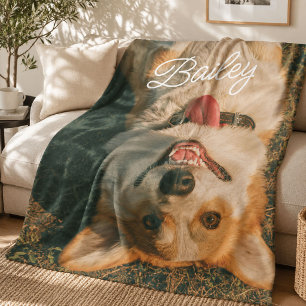 Aangepaste foto van huisdierhond, naam, knuffel pu fleece deken